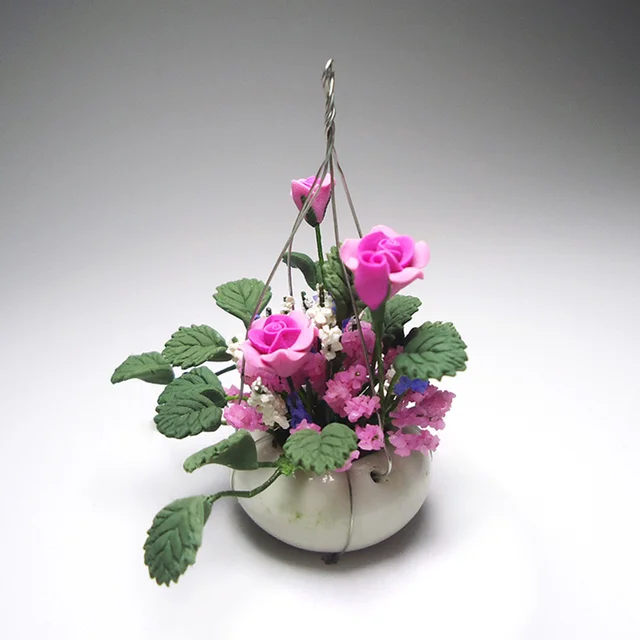 1PC 1/12 Mini House Potting Adornment Mini Rose Hanging Basket Flower Arrangement Model for Home Decor (Pink+Green) 6