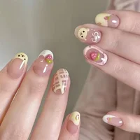 24PCS Cute Red Bowknot Short Oval Press on Nail with Glue Cartoon Cat Glossy French Fake Nails for Girls Wearable Ins Nail Tools 2