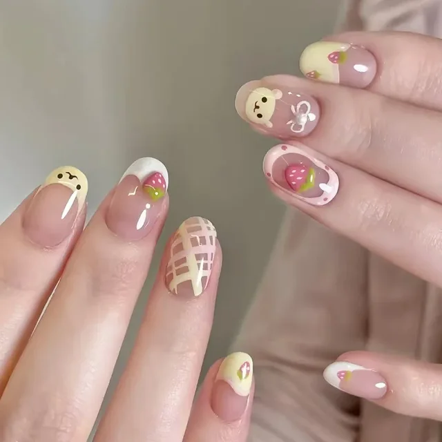 24PCS Cute Red Bowknot Short Oval Press on Nail with Glue Cartoon Cat Glossy French Fake Nails for Girls Wearable Ins Nail Tools 2