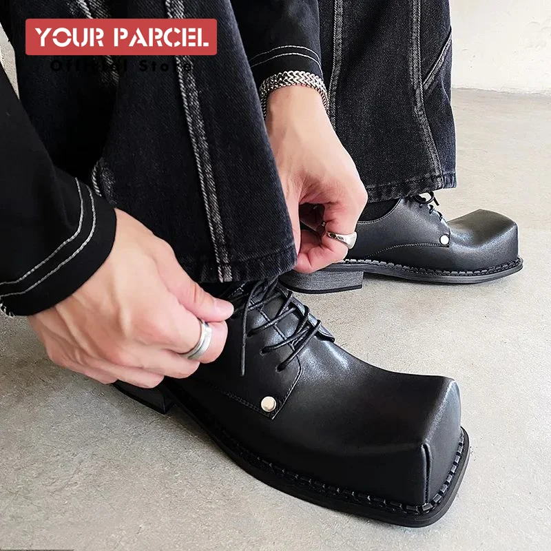 Derby shoes men's square toe Korean version niche design upturned trend leather shoes thick soles and increased height