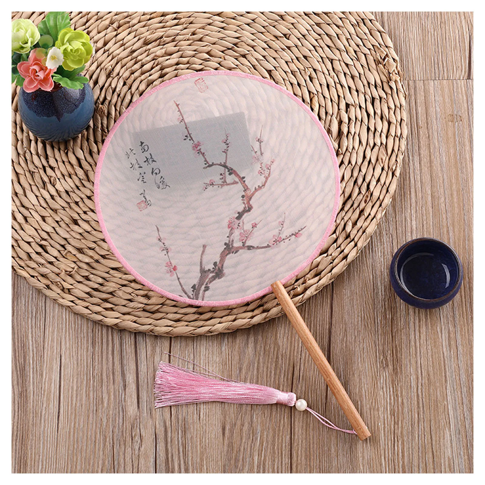 

Chinese Ancient Hand Fan Tassels Handheld Ancient Style Floral Pattern Fan for Women Dance Wedding