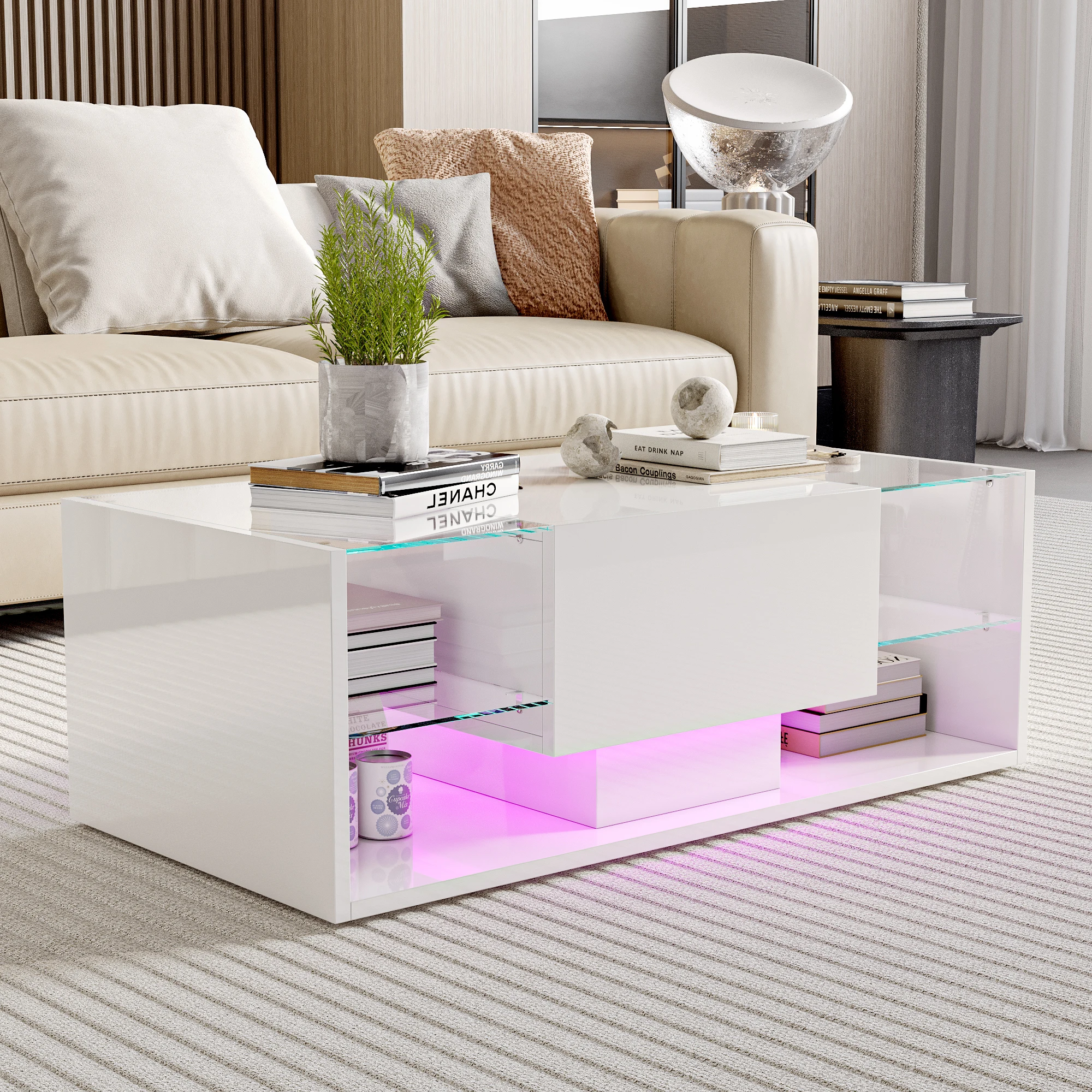 Comanlai LED-Couchtisch, Hochglanz-Glasplatte mit Schublade, Regalen, LED-Lichtleiste für Wohnzimmer, Schlafzimmer – Detail 8