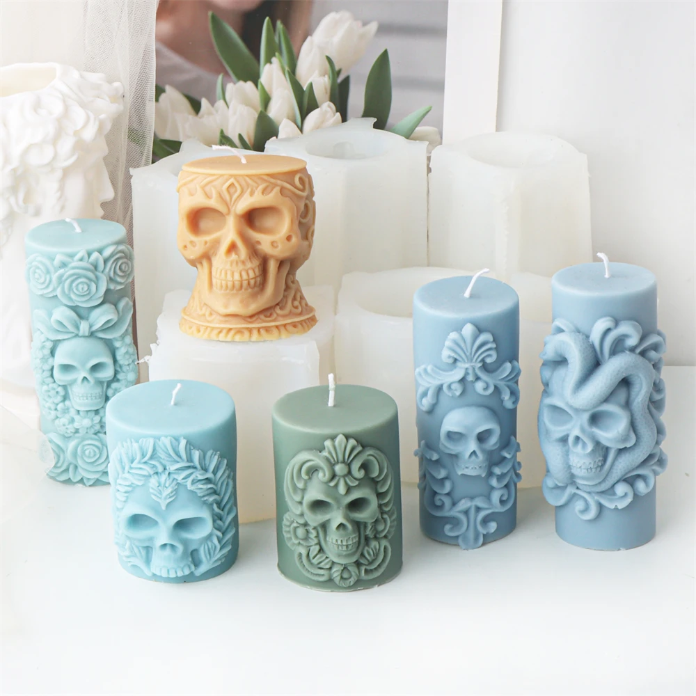 3D Relief Skull Column Candle Silicone Mold DIY Halloween Skull Post Aroma Gypsum Candle Mold Handmade Halloween Gift Decor Tool