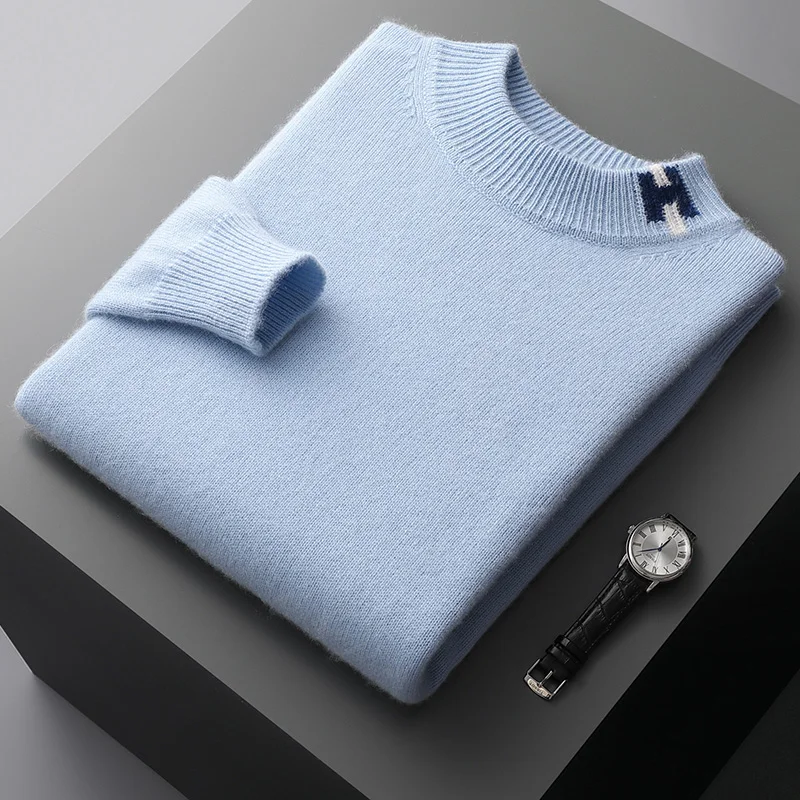 Autumn and winter merino wool men's half-high-necked double-stranded thickened H-shaped sweater knitted bottoming shirt