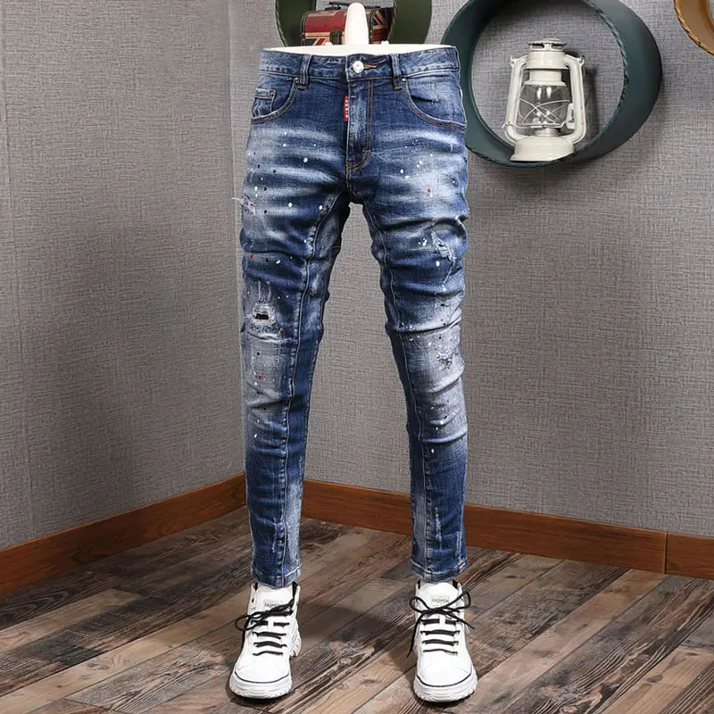 Fashion Streetwear Men Jeans Retro Light Blue Elastic Slim Ripped Jeans Men Painted Designer Spliced Hip Hop Denim Biker Pants