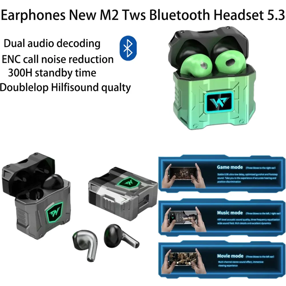

Earphones New M2 Tws Bluetooth Headset 5.3 Dual audio decoding Noise Reduction Wireless K78 Headse ENC call noise reduction