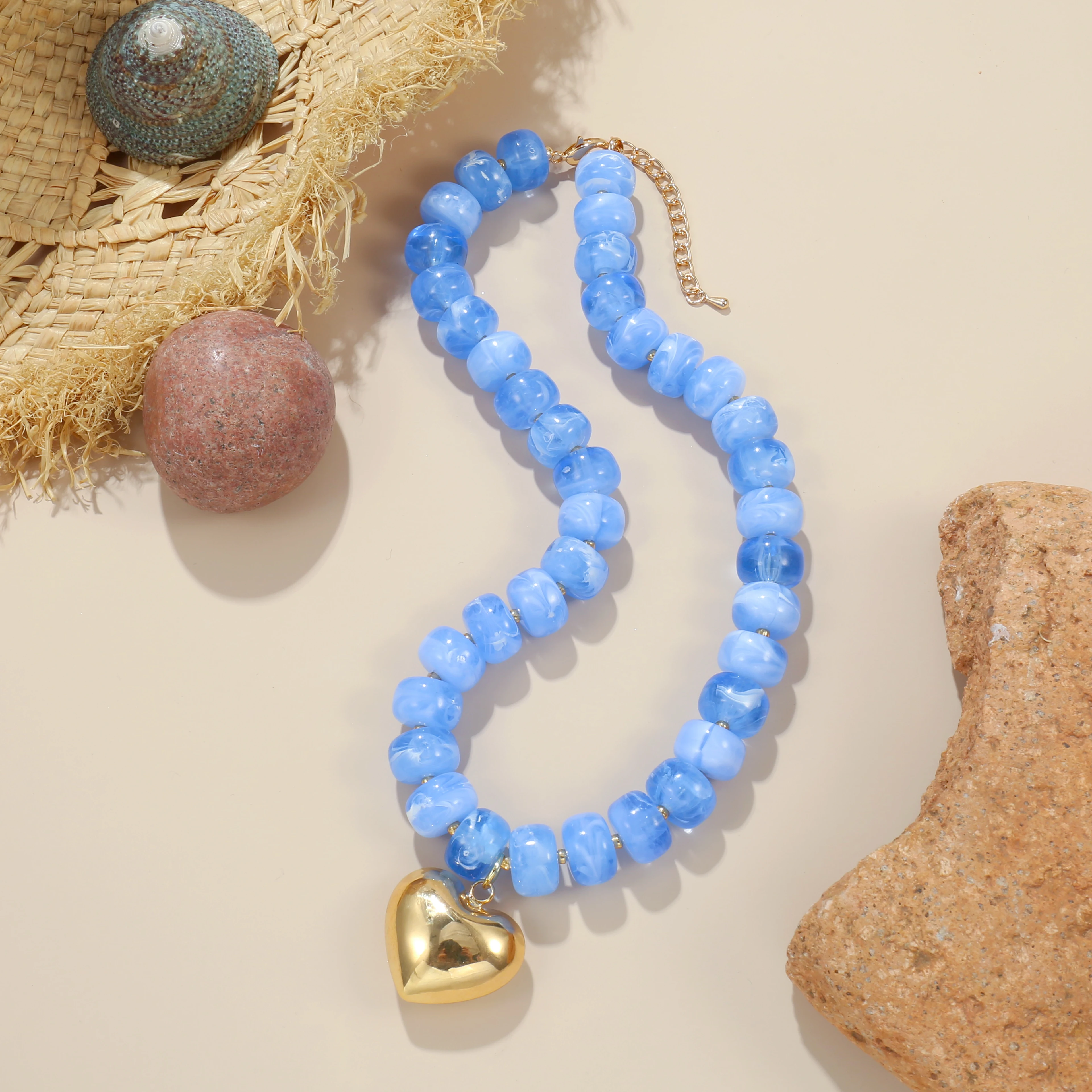 Badu Bohemia Colorful Acrylic Beaded Choker Necklace for Women 14K Gold Plated Heart Pendant Summer Aesthetic Y2K Jewelry Gift