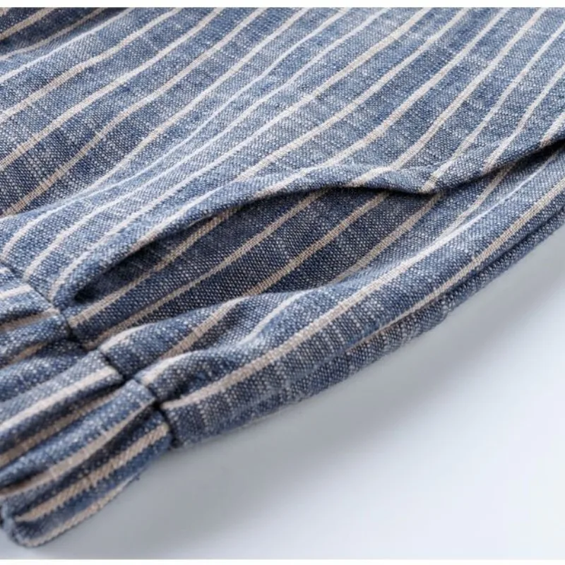 Summer Slim Fit Women's 2024 Patchwork Elastic Waist Patchwork Striped Pockets for Casual Elegant Cotton and Linen Cropped Pants