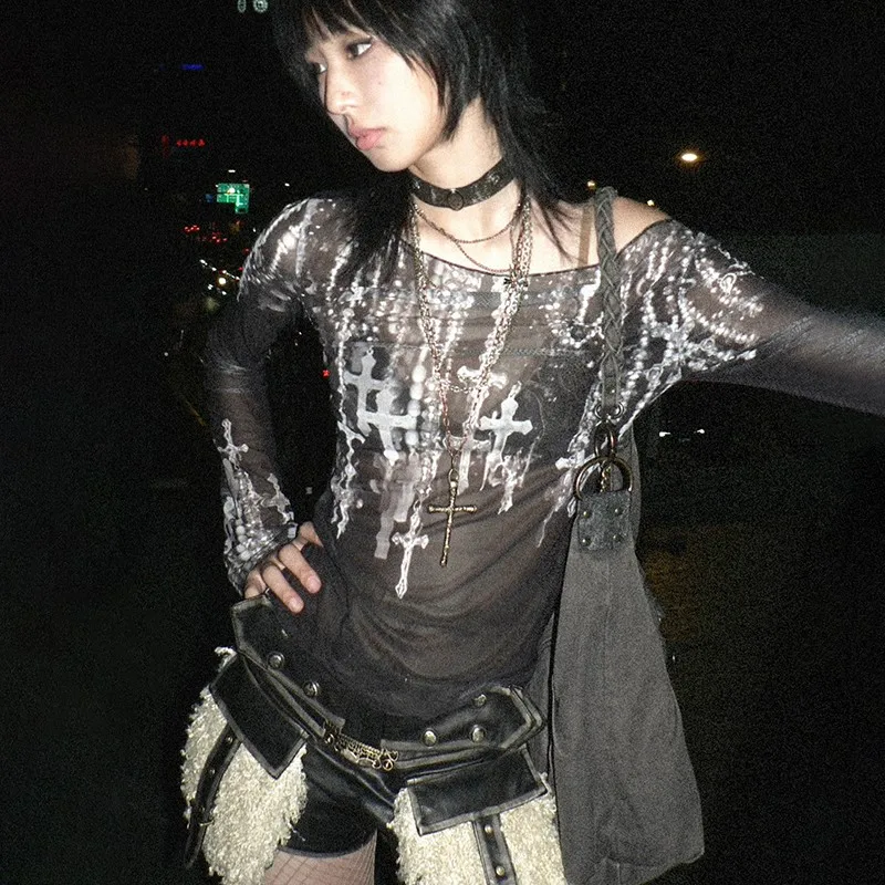 Karrram Grunge Aesthetics Mesh Tops Japanese Y2k Tattoo Print Sheer Tops Vintage Harajuku See Through Long Sleeve T-shirt Gothic 6