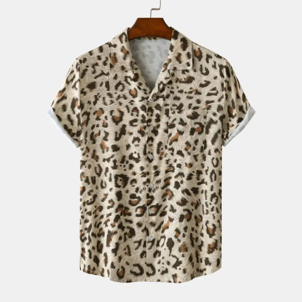 Fashion Leopard Men's Short Sleeve Shirt Oversize Loose Fit Stylish Shirt For Men Lapel Trend Casual Button Up Men's Clothing