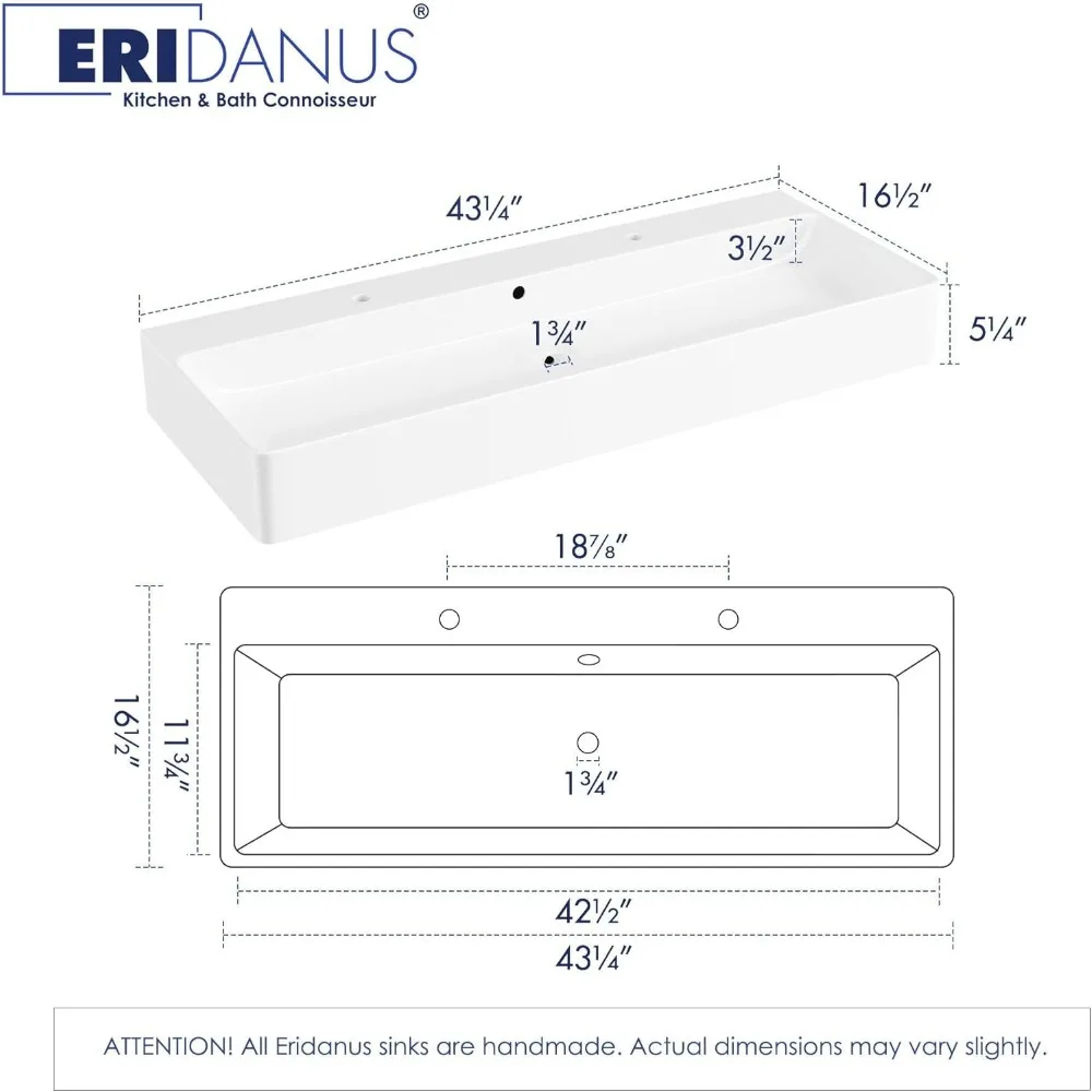 Bathroom Sink Rectangle 43" x 16", Two Hole Vitreous Ceramic Vessel Sink, Countertop & Wall Mount, with Overflow, Glossy White 2