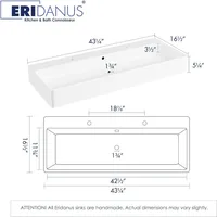 Bathroom Sink Rectangle 43" x 16", Two Hole Vitreous Ceramic Vessel Sink, Countertop & Wall Mount, with Overflow, Glossy White 2