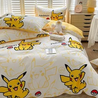 Parure de lit série Pokemon Pikachu 100% coton, drap de dessin animé, taie d'oreiller, housse de couette, couvre-lit, ensemble de 4 pièces, literie pour enfants 5