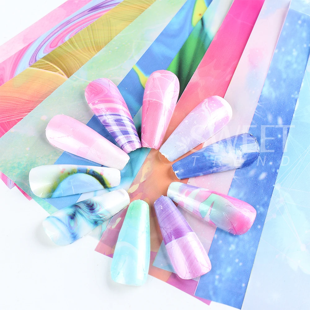 10pcs/set Rainbow Marble Nail Art Transfer Foils Stickers Blooming Ink Textured Starry Paper Summer Classic Decal Manicure Decor