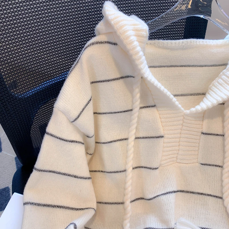 Autumn Winter 2025 New Women's Hooded Sweater Pullover Loose Casual Long Sleeve Striped Knitted Top Elegant Knitwear