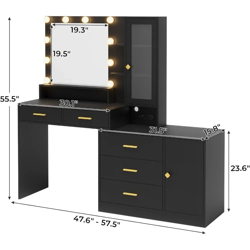 Vanity Desk with Mirror and Lights with Ambient Light & Charging Station, Table with Drawers & Shelves & Dresser, Makeup Table 6