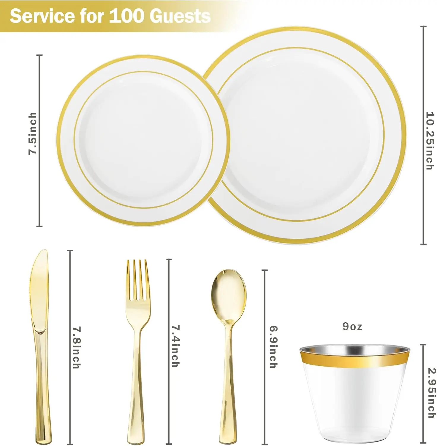 600PCS Disposable Plastic Plates Gold Plastic Dinnerware Set Includes 100 Dinner Plates Dessert Cups Spoons Forks Knives
