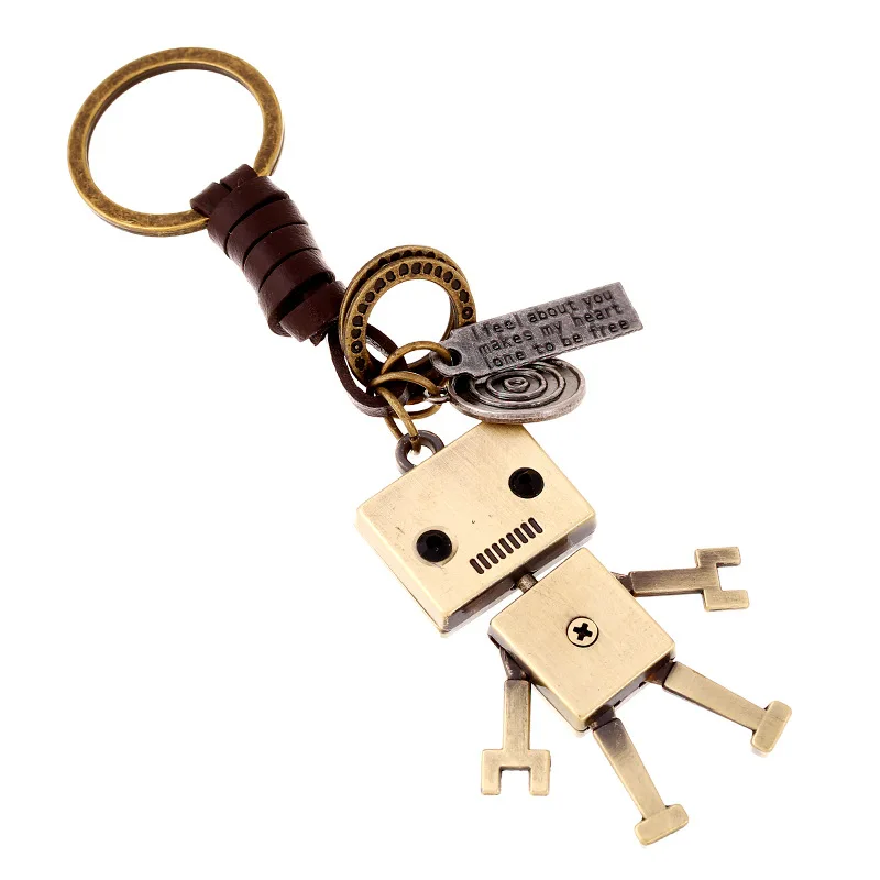 

Vintage Copper Color Robot Leather Rope Keychain Currency Trending Metal Individal Punk Style Car Key Chain Daily Jewelry Gifts