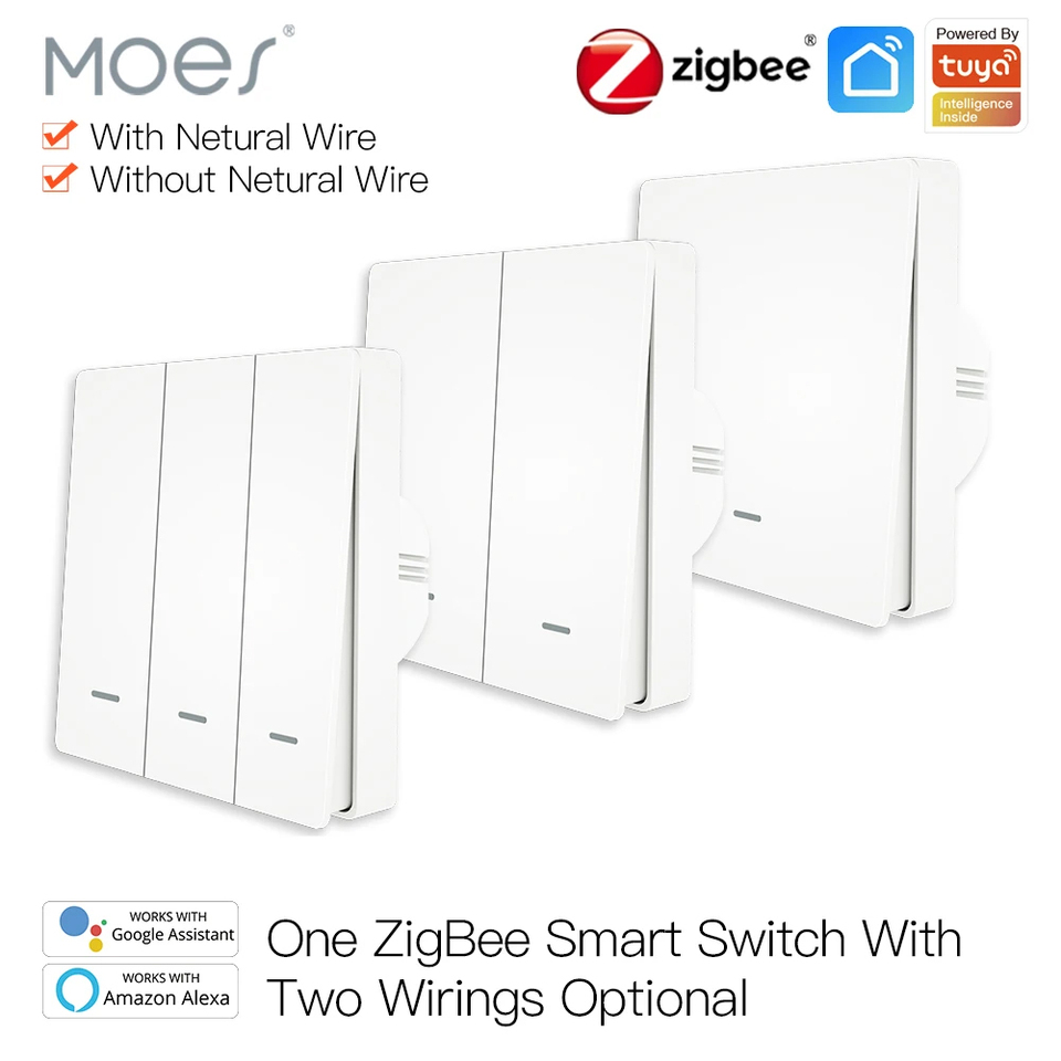 MOES Tuya ZigBee Smart Light Switch No Neutral Wire No Capacitor Needed Smart Life 2/3 Way Works with Alexa Google Home 2mqtt