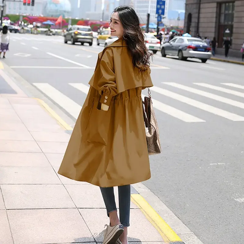 England Style Thin Long Trench Women Spring Autumn Lapel Lace-Up Slim Coats Fashion Elegant Big Pockets Solid Colors Outwears