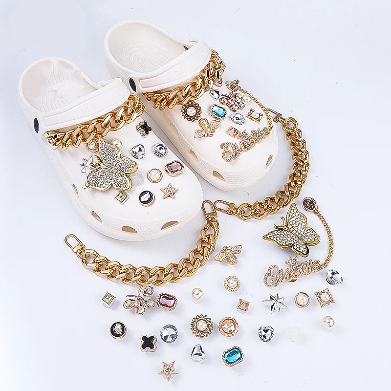 1 Set Golden Shoe Charms for Crocs Gold JIBZ Vintage Butterfly Croc Charms  for Girl Gift Big Chains Shoe Charms Designer 2022 - AliExpress