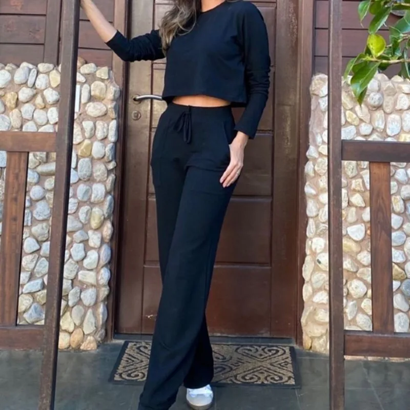 Female Fashion Crop Long Sleeve Tops & Casual Pants Set Autumn & Winter Temperament Commuting Two Piece Sets Outfits for Women