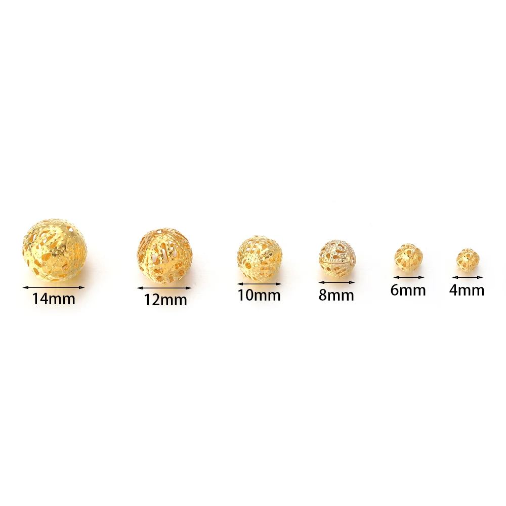 4 6 8 10 12 14mm 금속 철 중공 공 꽃 비즈 골드 컬러 선조 스페이서 라운드 비즈 DIY 쥬얼리 액세서리 만들기
