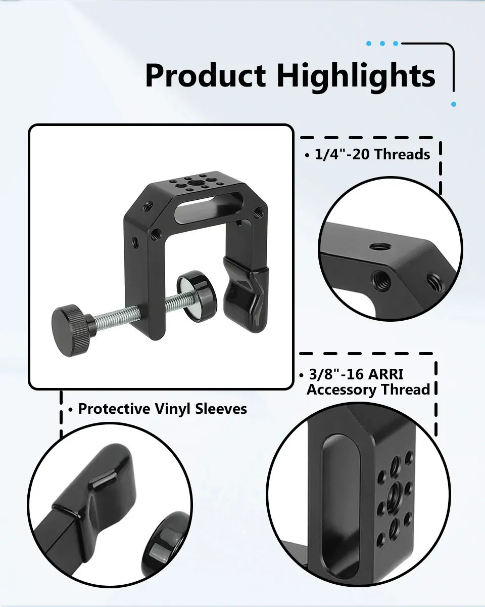 C Clamp Desk Mount 2.25" Neck with Multiple 1/4"-20 and 3/8"-16 Threads For Ligh