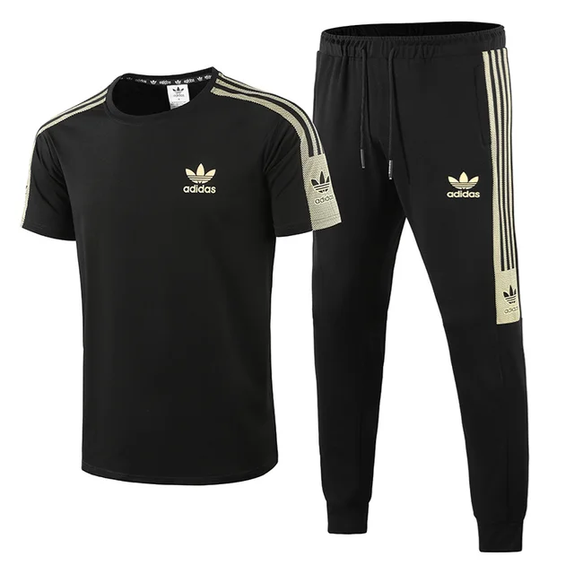 Adidas Men's Exercise Sets, Stripes, Athletic, Moisture-wicking, Elastic Short Sleeved and Long Pants Sets, White and Black 1