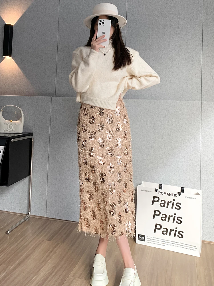 

JMPRS Fashion Tassel Sequin Skirt Women Gorgeous Slit Straight Skirt Lady Spring Evening Party Club Elastic Waist Long Skirts