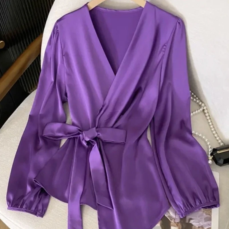 2024 New Spring and Autumn Korean Edition Elegant Loose Long Sleeved Blouses V-neck and Hem Irregular Lace Up Women's Shirt Top