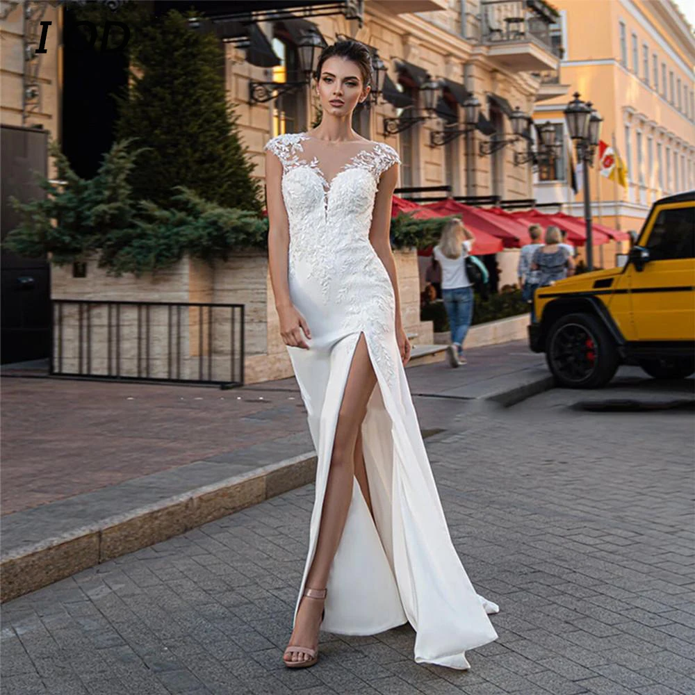 

I OD Sexy Side Split Wedding Dresses O-Neck Cap Sleeves Lace Appliques Bridal Gown Illusion Floor Length Vestido De Noiva New