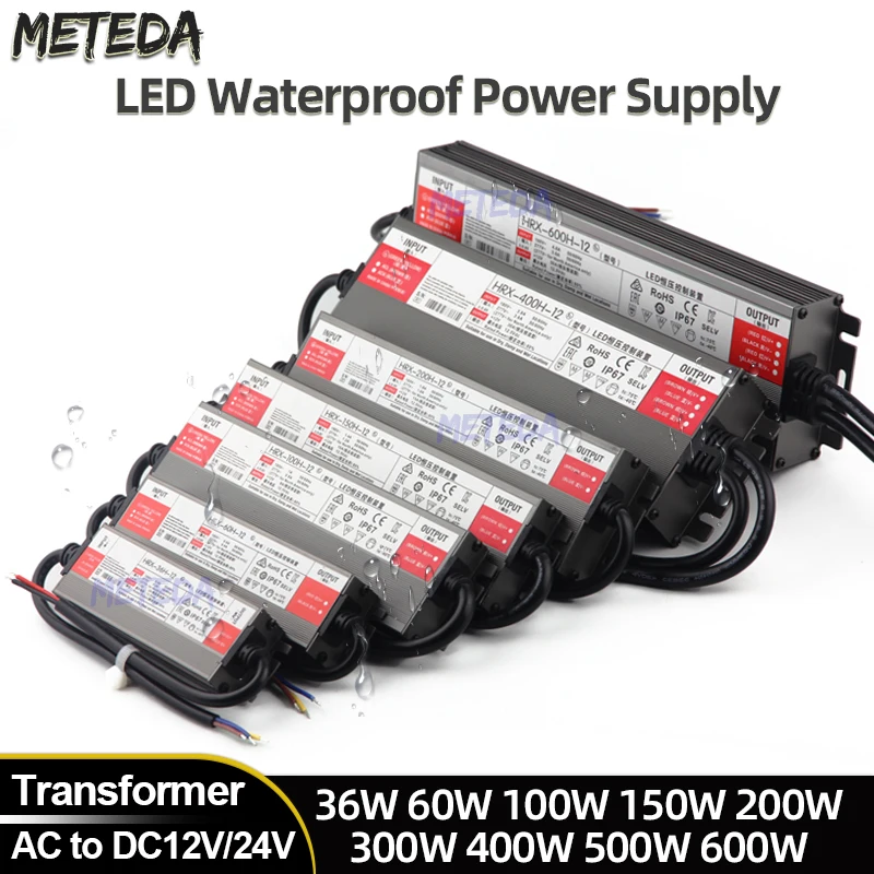Waterproof Lighting Transformers AC to DC 12V 24V LED Driver Power Adapter 36W 150W 200W 600W IP6712V Power Supply