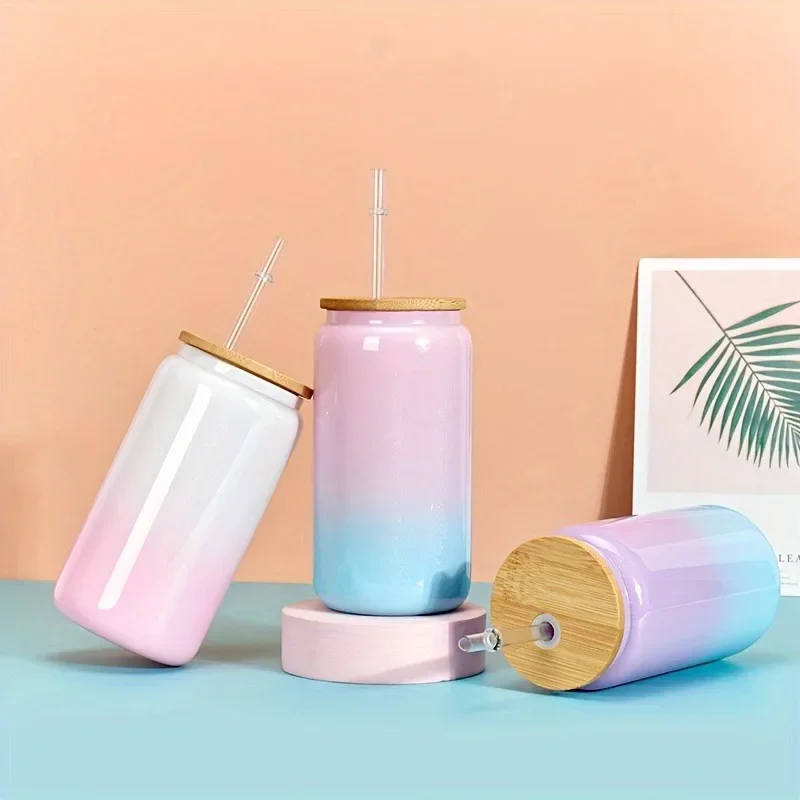 1pc 16oz Glass Tumbler Glitter Glass Jar Shimmer Beer Mug Can Shaped Drinking With Bamboo Lid And Reusable Straw DIY Gifts