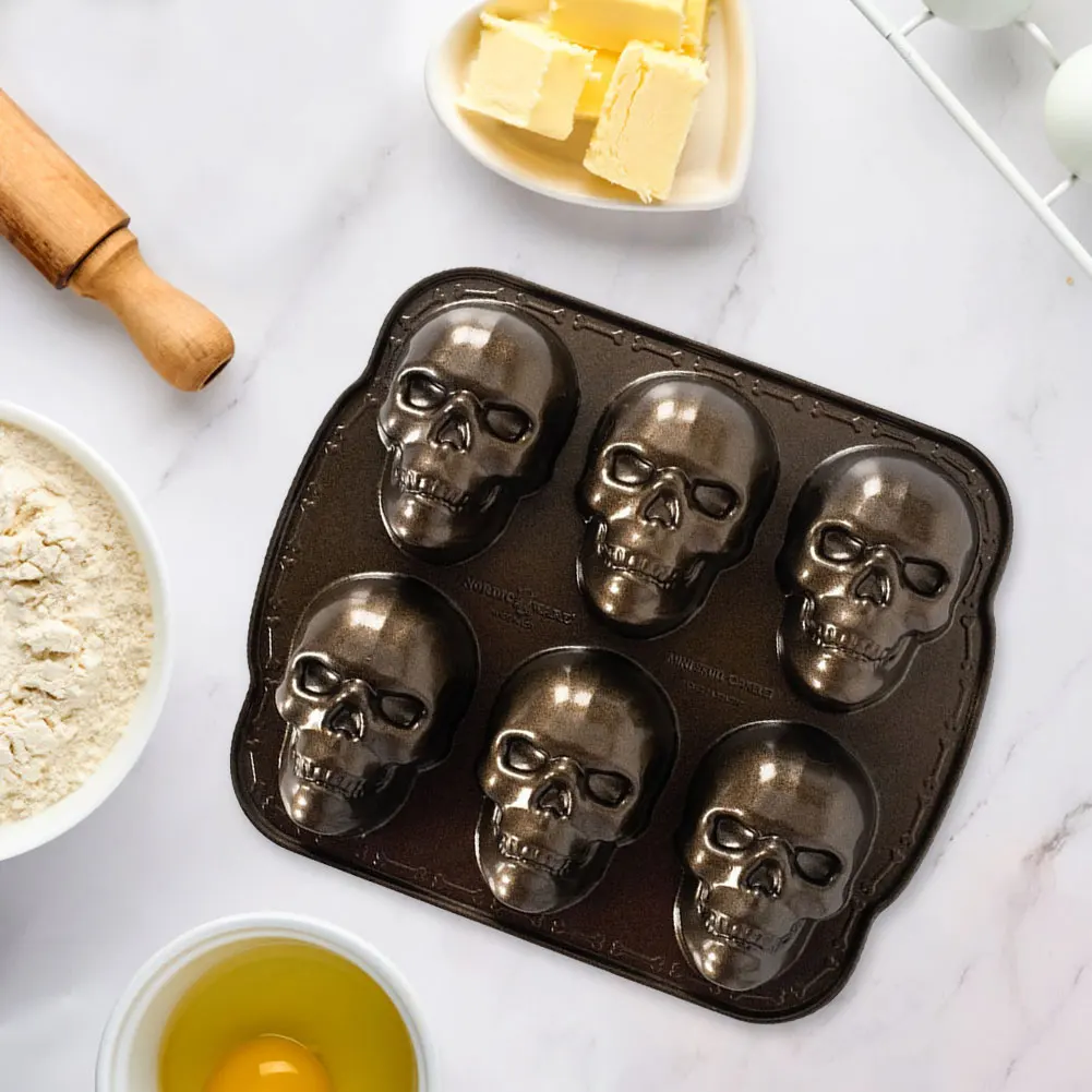 Halloween Skull Cake Pan Molds 6 Cavity Skeleton Chocolate Molds Non-Stick Ice Maker Stainless Steel for Chocolate Candy Cake