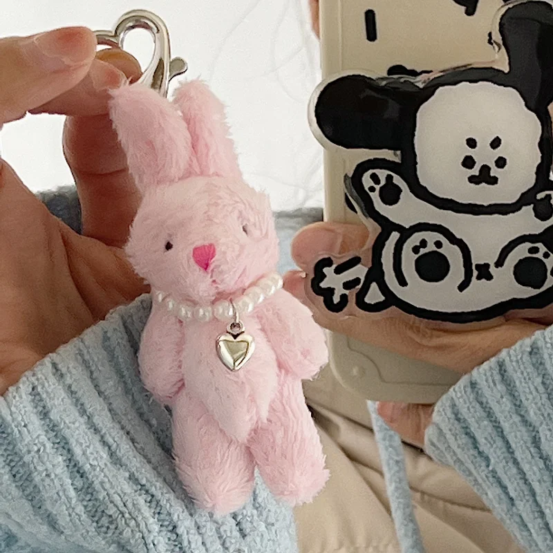Y2K 手作りピンクウサギキーホルダーラブハートビーズキーリング