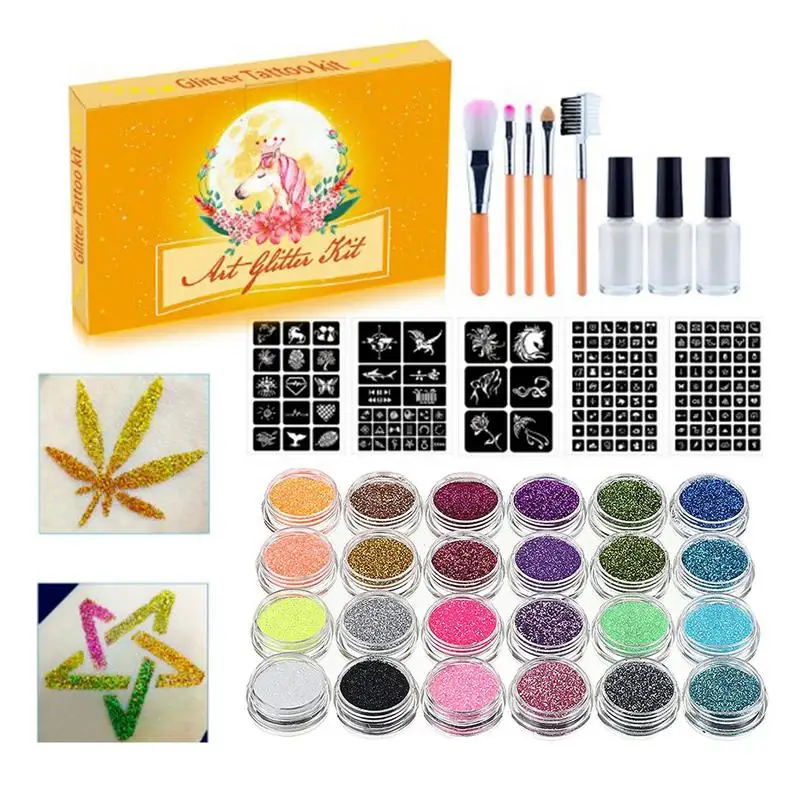 24 Colors Temporary Glitter Tattoo Set For Kids Face Body Luminous Stickers With 5 Stencils 3 Glue 5 Brushes For Birthday Party bga directly heat reballing universal stencils with template jig for smt smd chip rework rpair