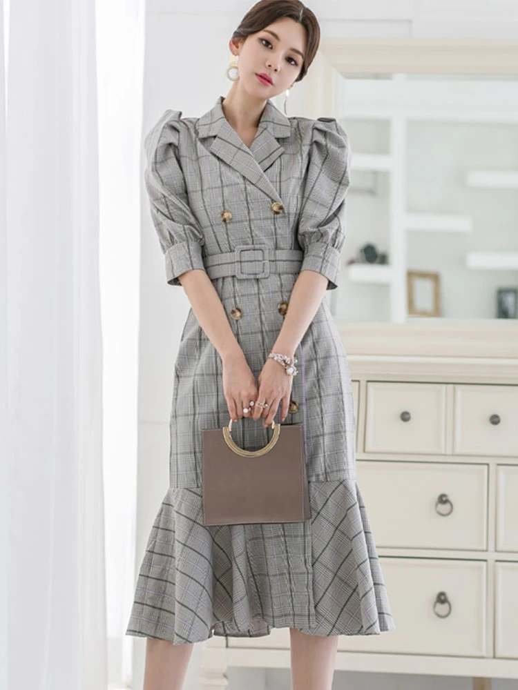 

Spring New Vintage Vestidos Elegant Work Wear Dress Women Office Fishitail Dresses Ruffles Maxi Robe Femme Street Party Clothes