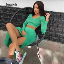  Women 2 Piece Set Pullover Top & High Waist Split Long Skirt Casual Knit Sets 2021 Autumn Winter Female Streetwear 