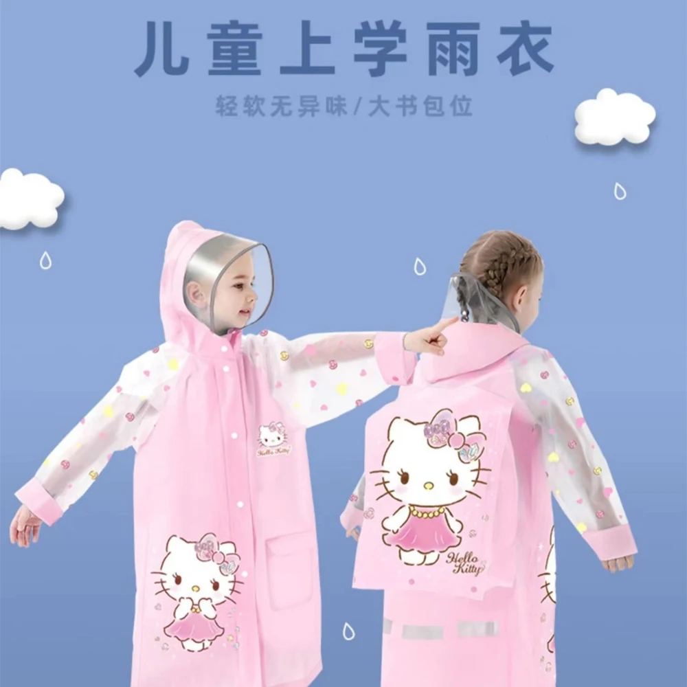 Sanrio Hellokitty Integrated Raincoat School Bag Seat Child Girl Waterproof with Cover Cartoon Cute Environmental Friendly
