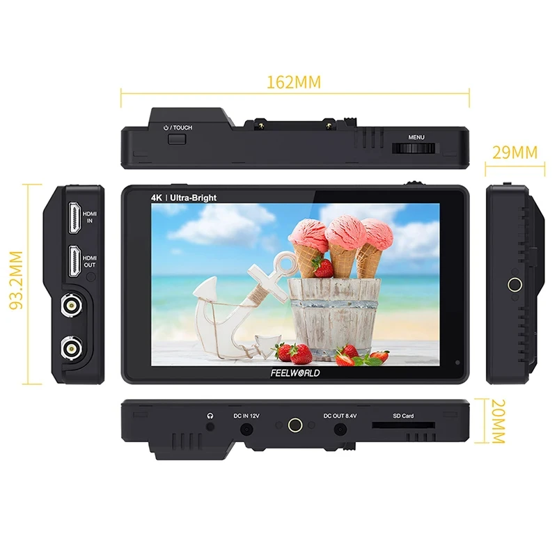 Фото Сенсорный экран FEELWORLD LUT6S, 6 дюймов, 2600 нит, HDR/3dlut, полевой монитор камеры DSLR 3G-SDI 4K HDMI №3