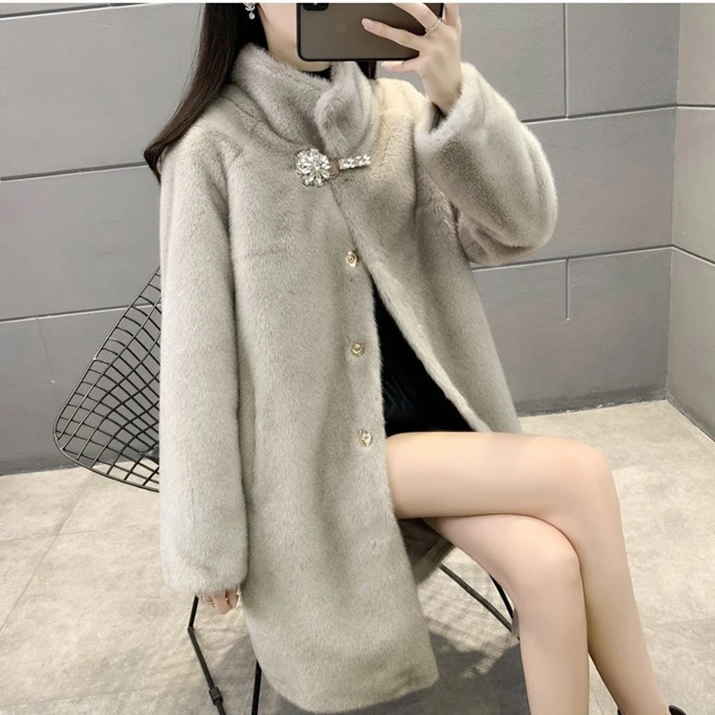 2023 Autumn Winter New High-end  Women's Mid Length Standing Collar Reverse Color Plush Mink Velvet Imitation Fur Jacket Coat