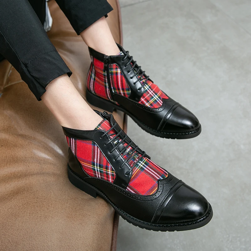 Men\'s Plus Luxury Designer Brand Size 38~48 Autumn Winter British Chelsea Style for Men High-top Boots Casual Plaid Male Shoes