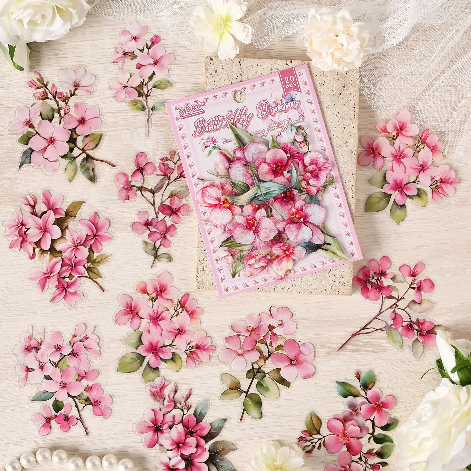 Romantic Pink Floral Decal Set - 20 Elegant Stickers for Journaling & Scrapbooking