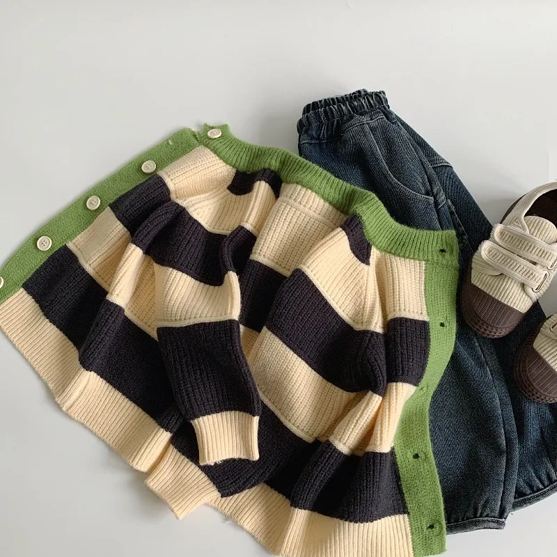 새로운 어린이 스웨터 키즈 스트라이프 가디건 봄 가을 소녀 스타일리시 패셔너블 코트 겨울  컬러 블록 아우터웨어