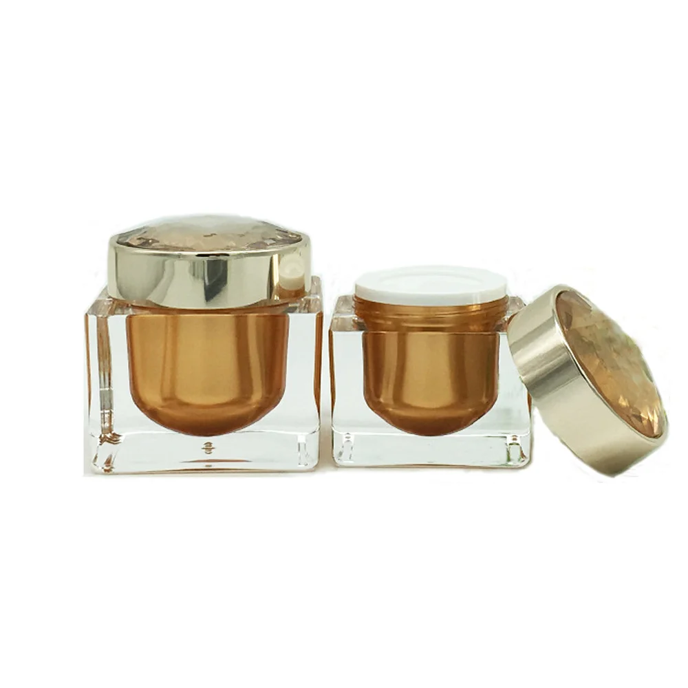 10g-50g Capacity Gold color Square shape Acrylic material Crystal cream bottle&Cream jar with spacer and diamond cap 5g capacity transparency acrylic crystal eye cream bottle