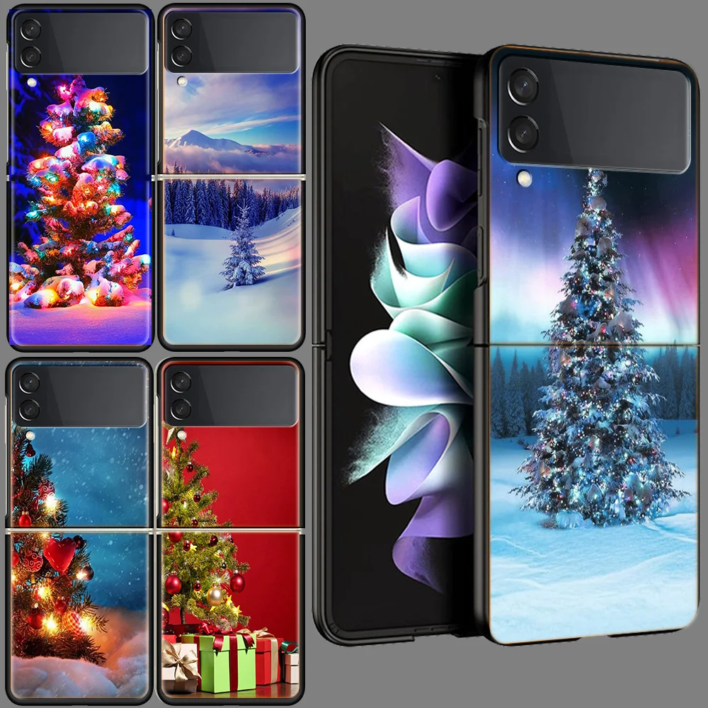 Merry Christmas Tree Deer Funda Per Samsung Galaxy Z Flip 5 3 4 5G Custodia Flip4 Flip3 Flip5 Black Hard Pc Shell Zflip5 Protettivo