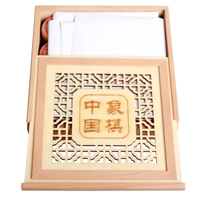 High-end Wooden Chinese Chess Large Pieces Xiangqi Family Travel Board Game Set With PU Leather Checkerboard For 2 Players