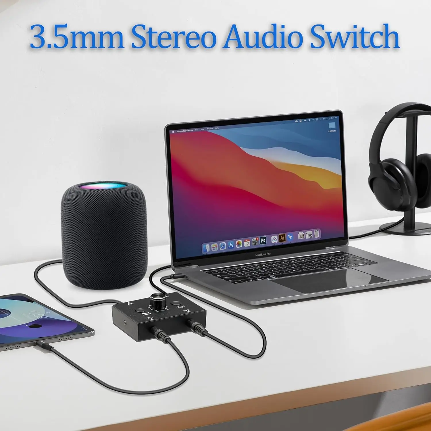 3 Way 3.5mm Stereo Audio Switcher Bi-Directional Audio Switch Splitter 2x1/1x2 with Mute Button L/R Stereo Portable Switch