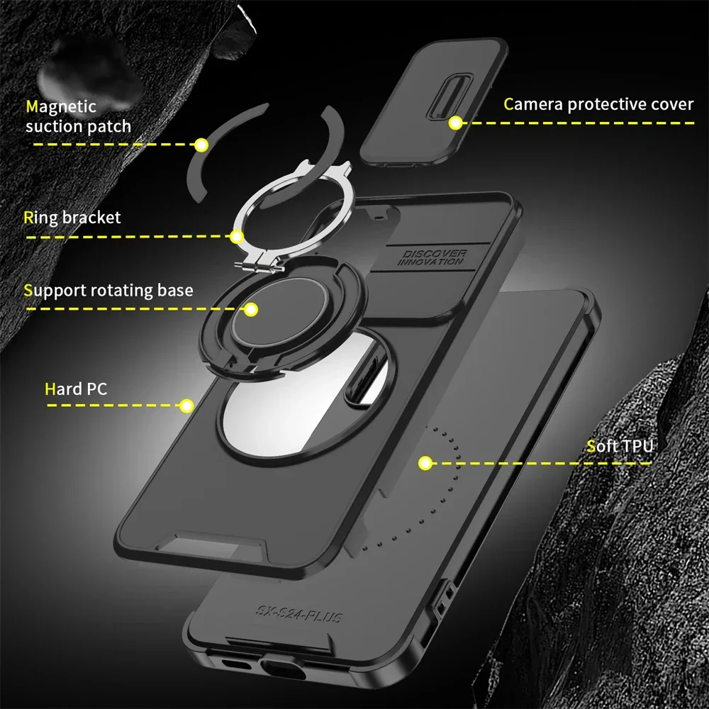 360° Rotating Hidden Metal Ring Holder Case with Camera Protection - Durable Hard PC Phone Cover